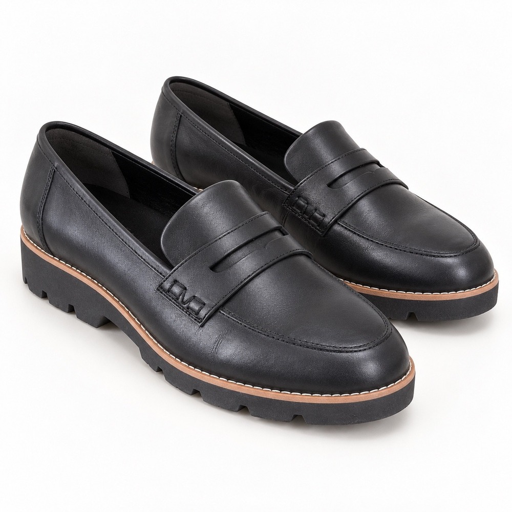 Vionic Cheryl II Loafer Size 12 Black Leather Lug Sole Preppy Dark Academia Shoe